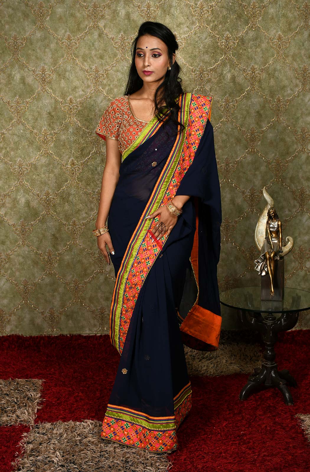 Navy Blue Designer Pure Georgette Embroidered Saree - Bird Of Paradise - Naksheband