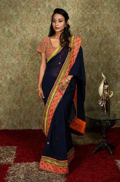 Navy Blue Designer Pure Georgette Embroidered Saree - Bird Of Paradise - Naksheband