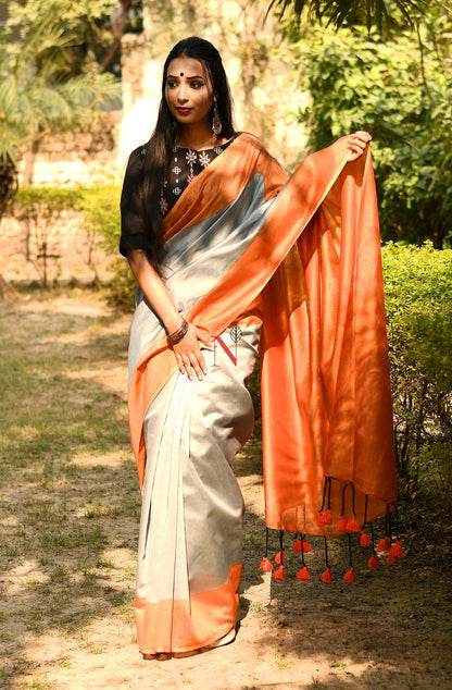 Grey & Orange Pure Silk Chanderi Saree - Naksheband