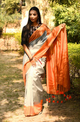 Grey & Orange Pure Silk Chanderi Saree