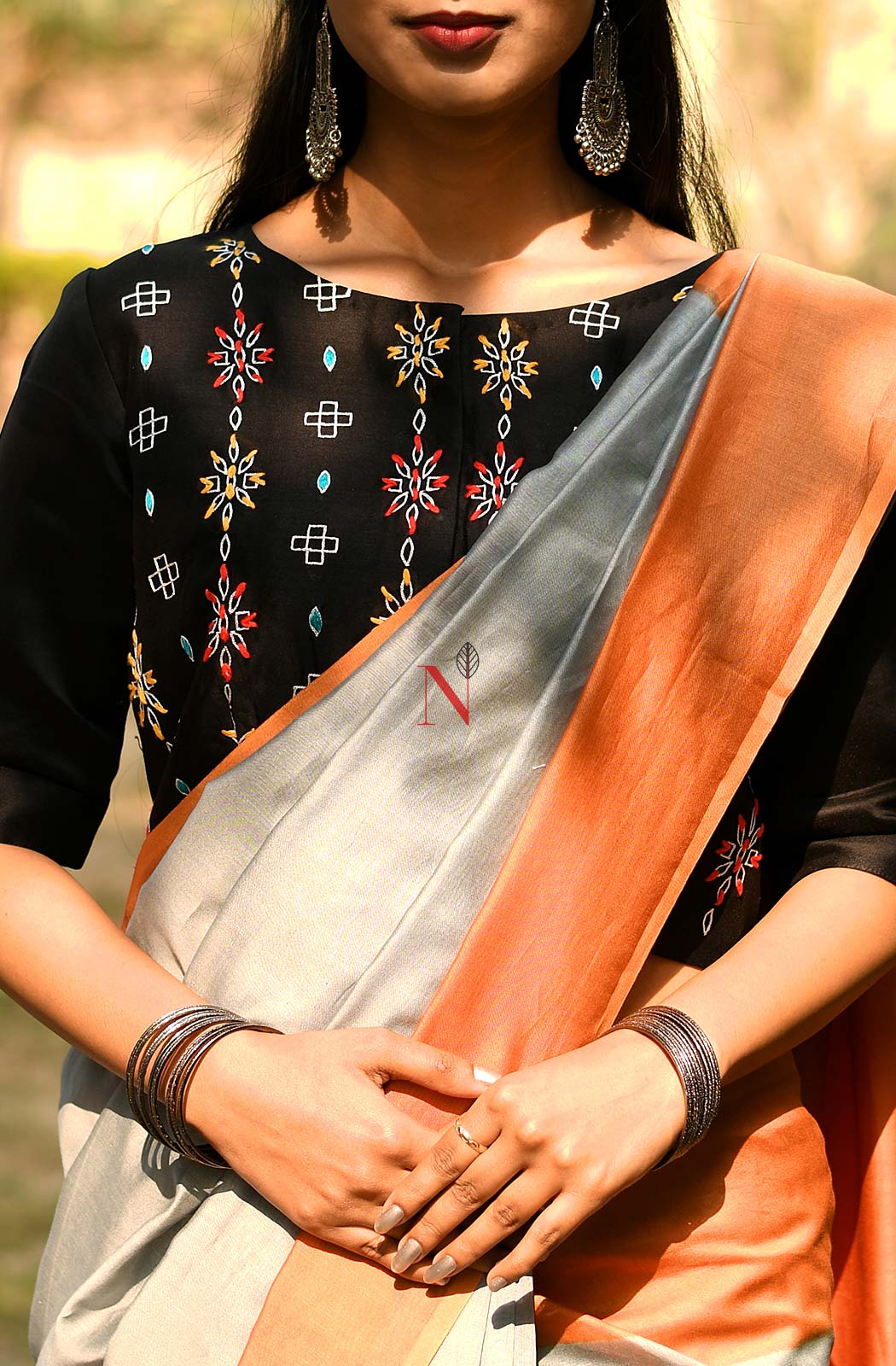 Grey & Orange Pure Silk Chanderi Saree - Naksheband