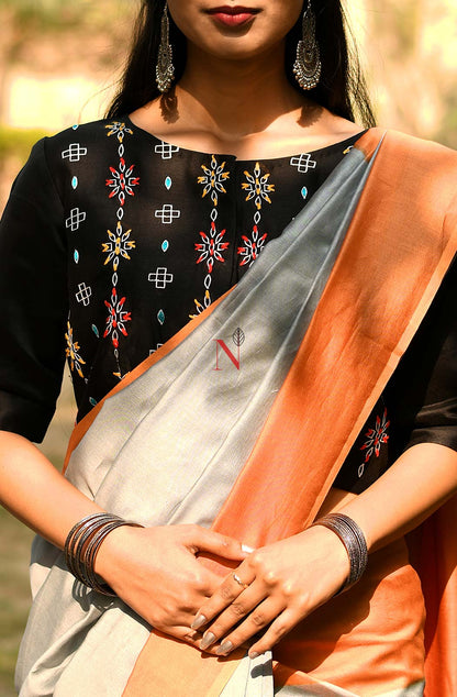 Grey & Orange Pure Silk Chanderi Saree - Naksheband