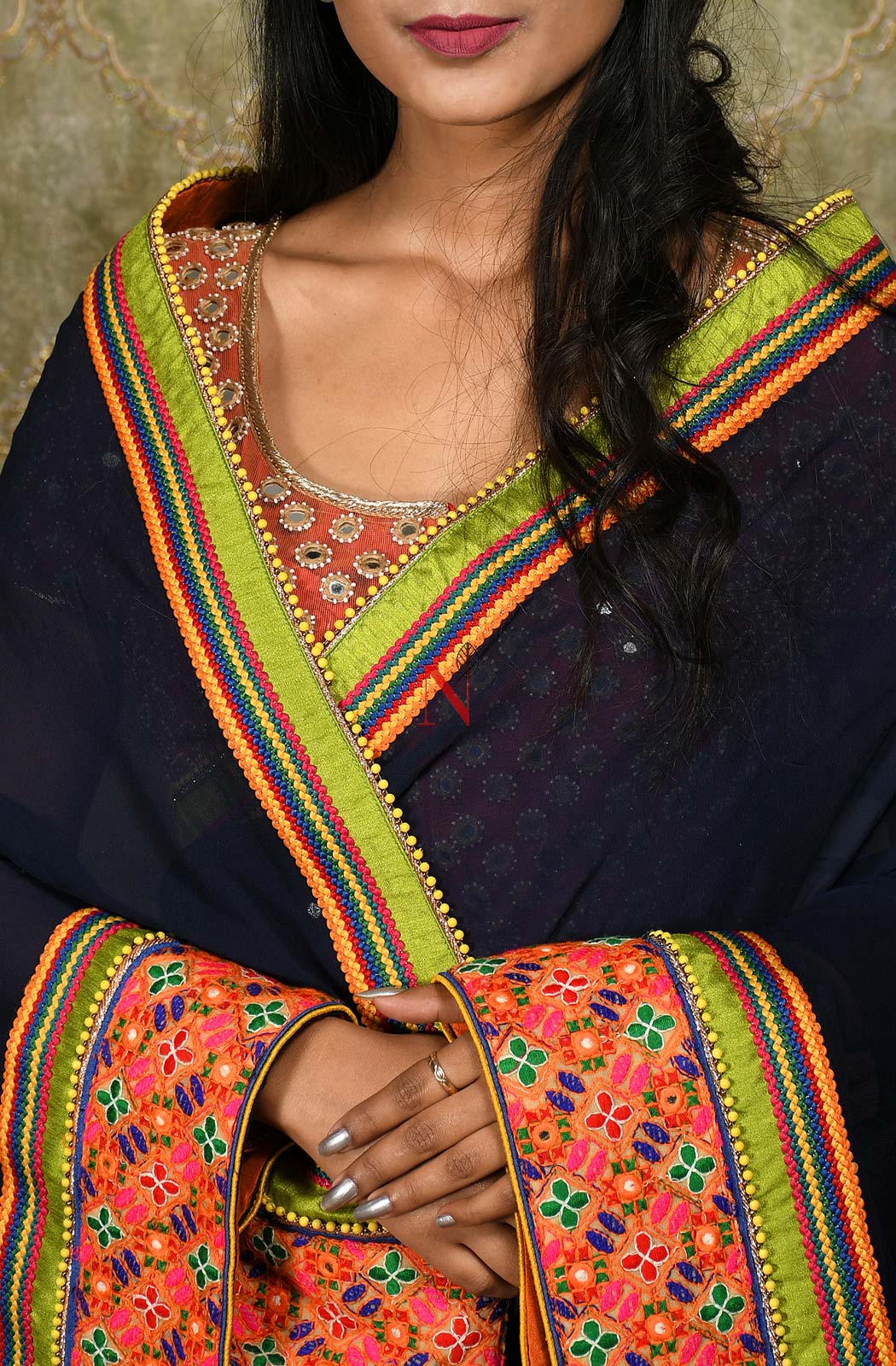 Navy Blue Designer Pure Georgette Embroidered Saree - Bird Of Paradise - Naksheband