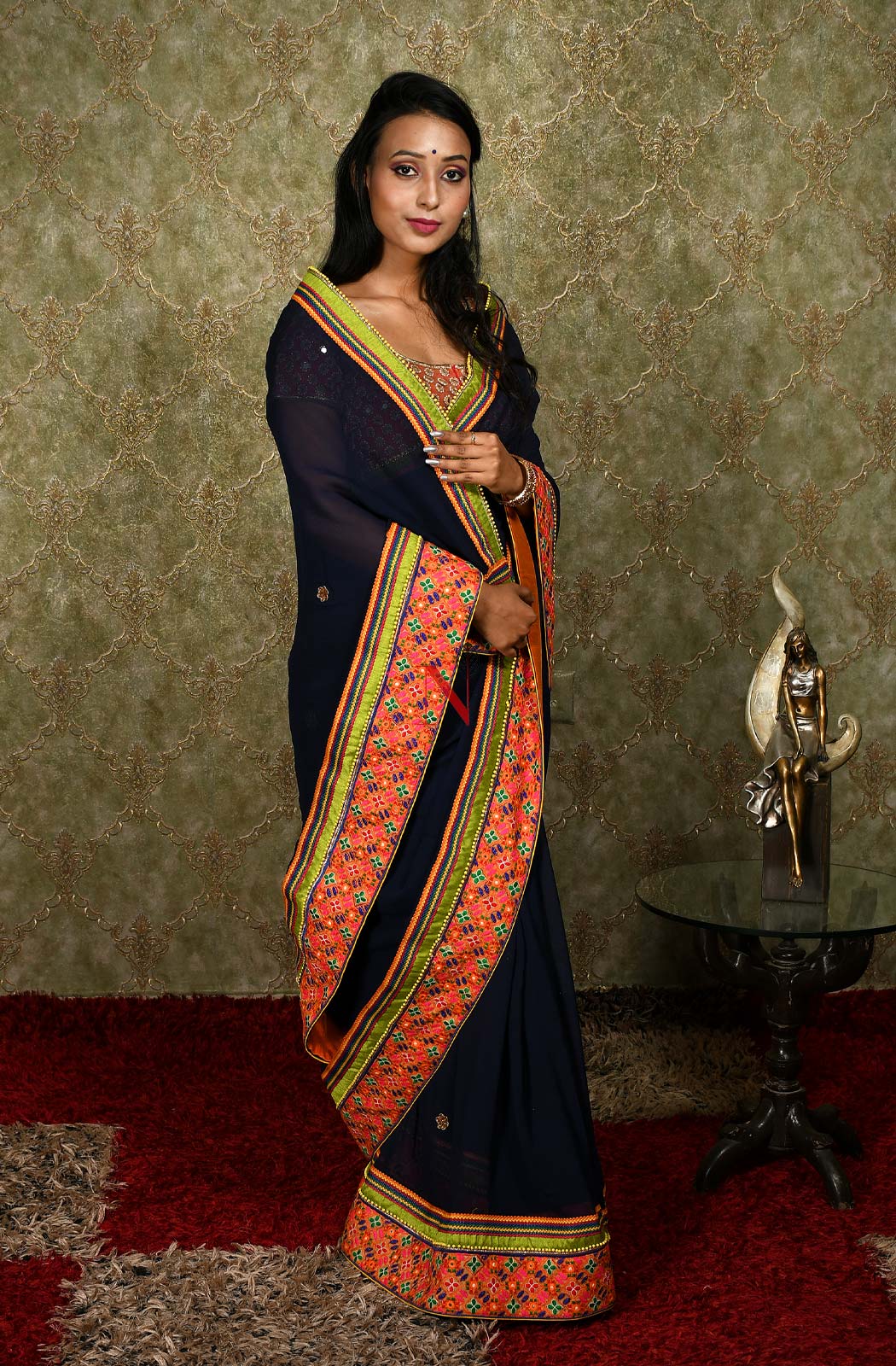 Navy Blue Designer Pure Georgette Embroidered Saree - Bird Of Paradise - Naksheband