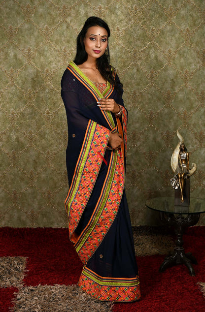 Navy Blue Designer Pure Georgette Embroidered Saree - Bird Of Paradise - Naksheband