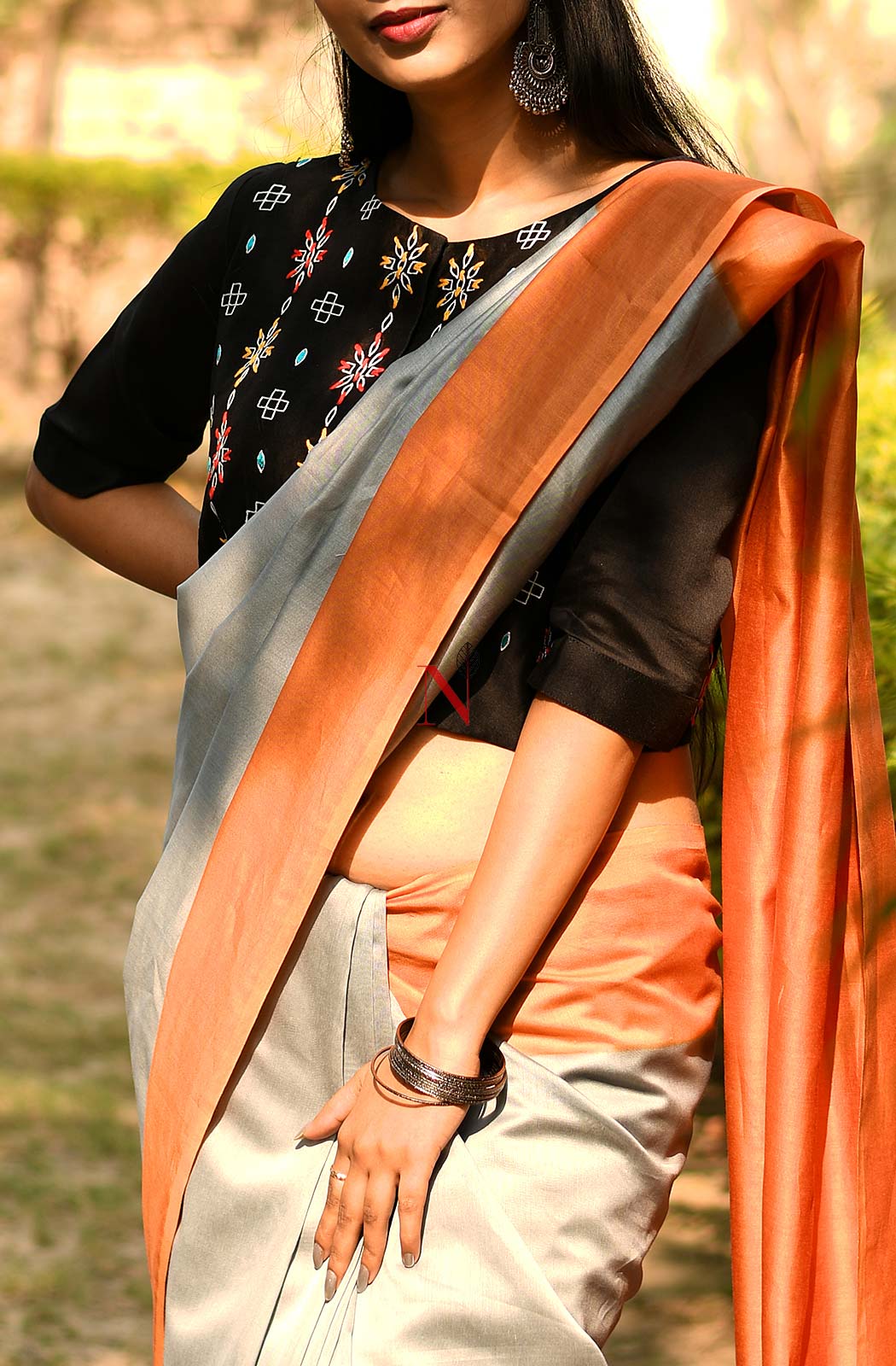 Grey & Orange Pure Silk Chanderi Saree - Naksheband