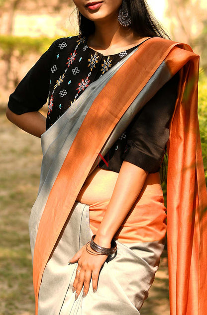 Grey & Orange Pure Silk Chanderi Saree - Naksheband