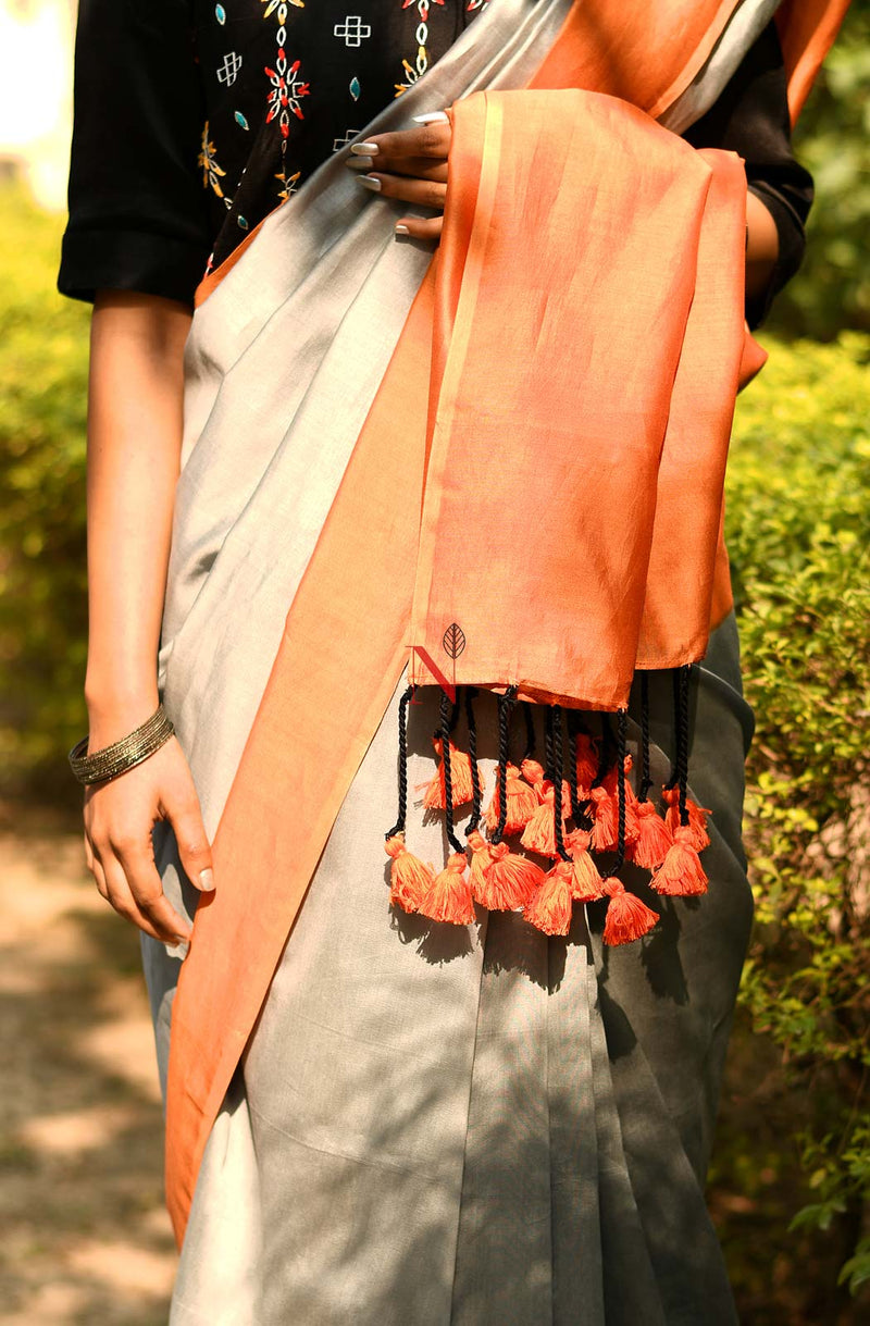 Grey & Orange Pure Silk Chanderi Saree