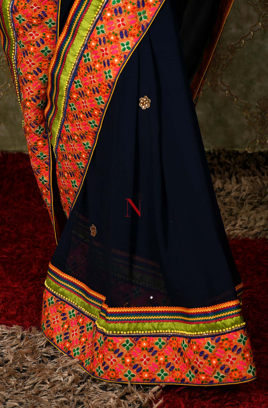 Navy Blue Designer Pure Georgette Embroidered Saree - Bird Of Paradise - Naksheband