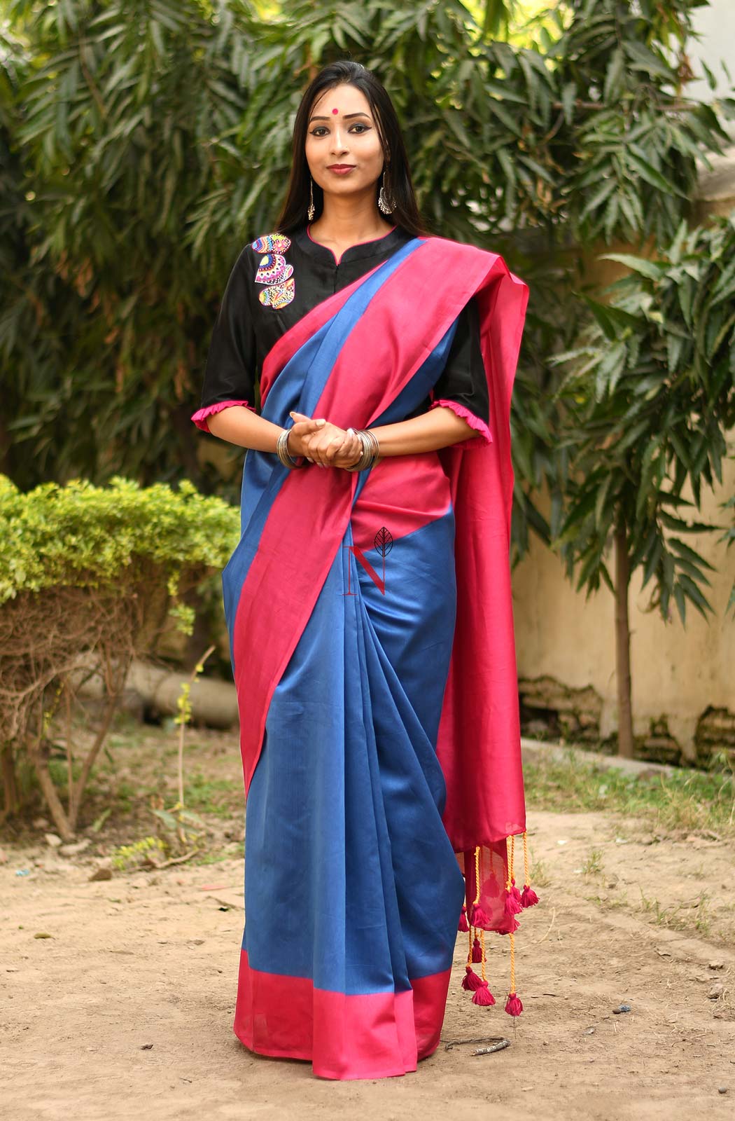 Blue & Rani Pure Silk Chanderi Saree - Naksheband