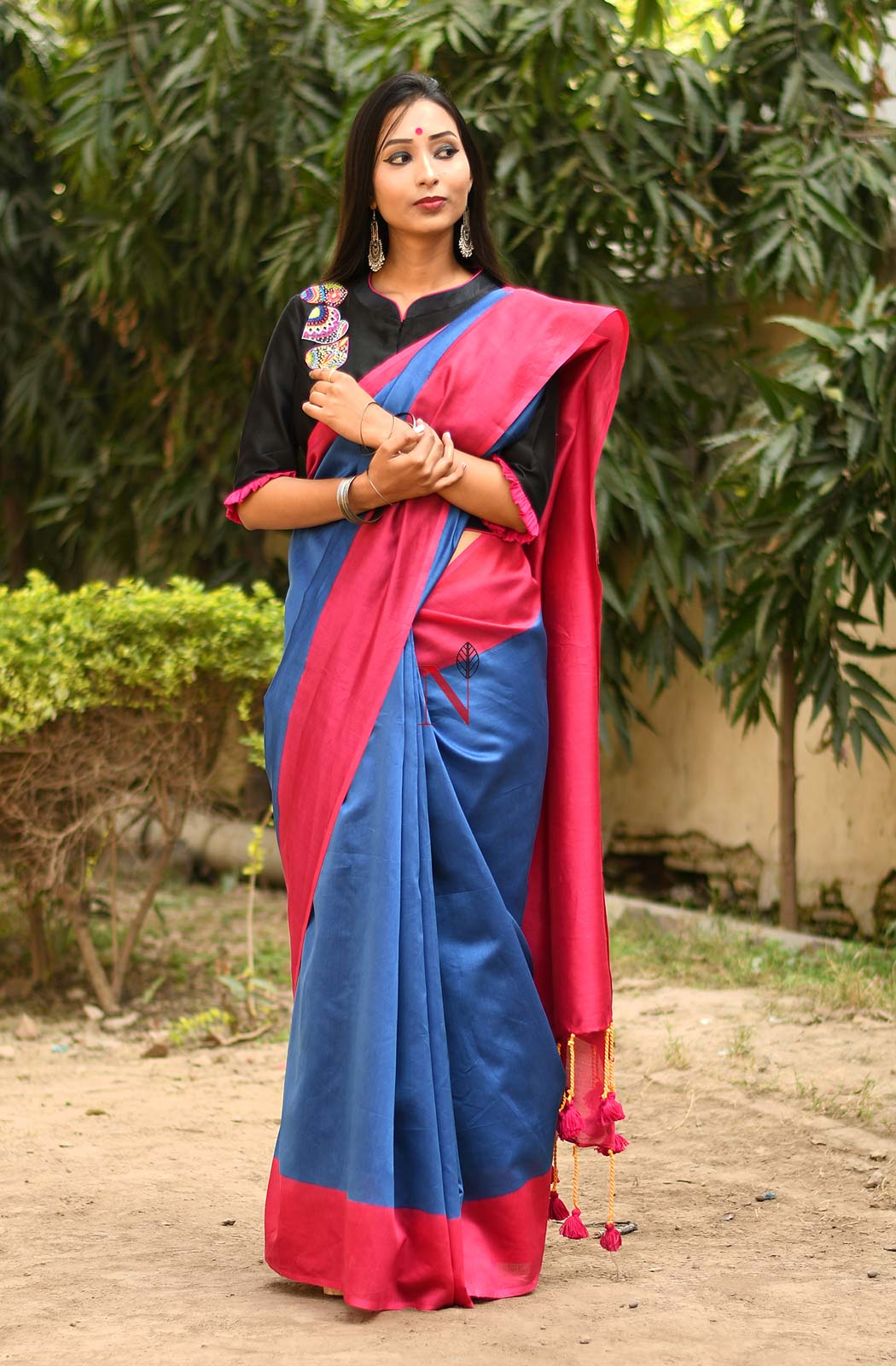 Blue & Rani Pure Silk Chanderi Saree - Naksheband