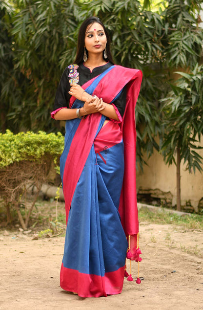 Blue & Rani Pure Silk Chanderi Saree - Naksheband