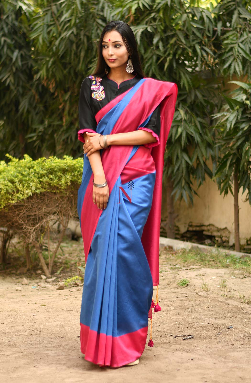 Blue & Rani Pure Silk Chanderi Saree - Naksheband