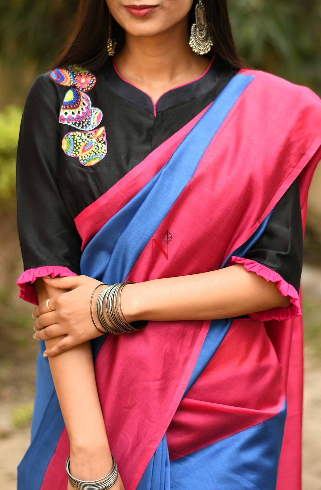 Blue & Rani Pure Silk Chanderi Saree - Naksheband