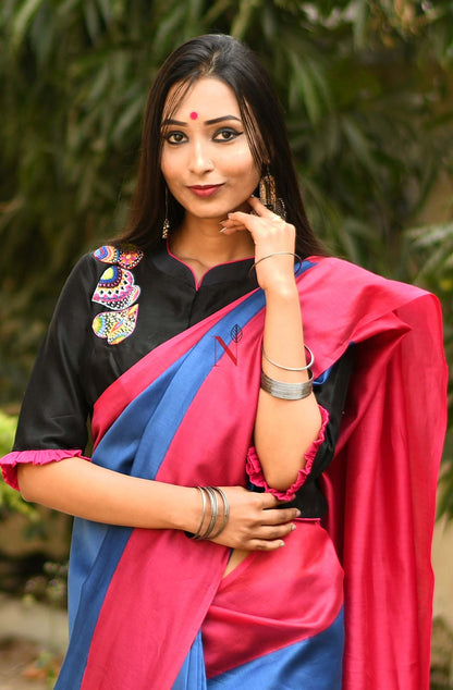 Blue & Rani Pure Silk Chanderi Saree - Naksheband