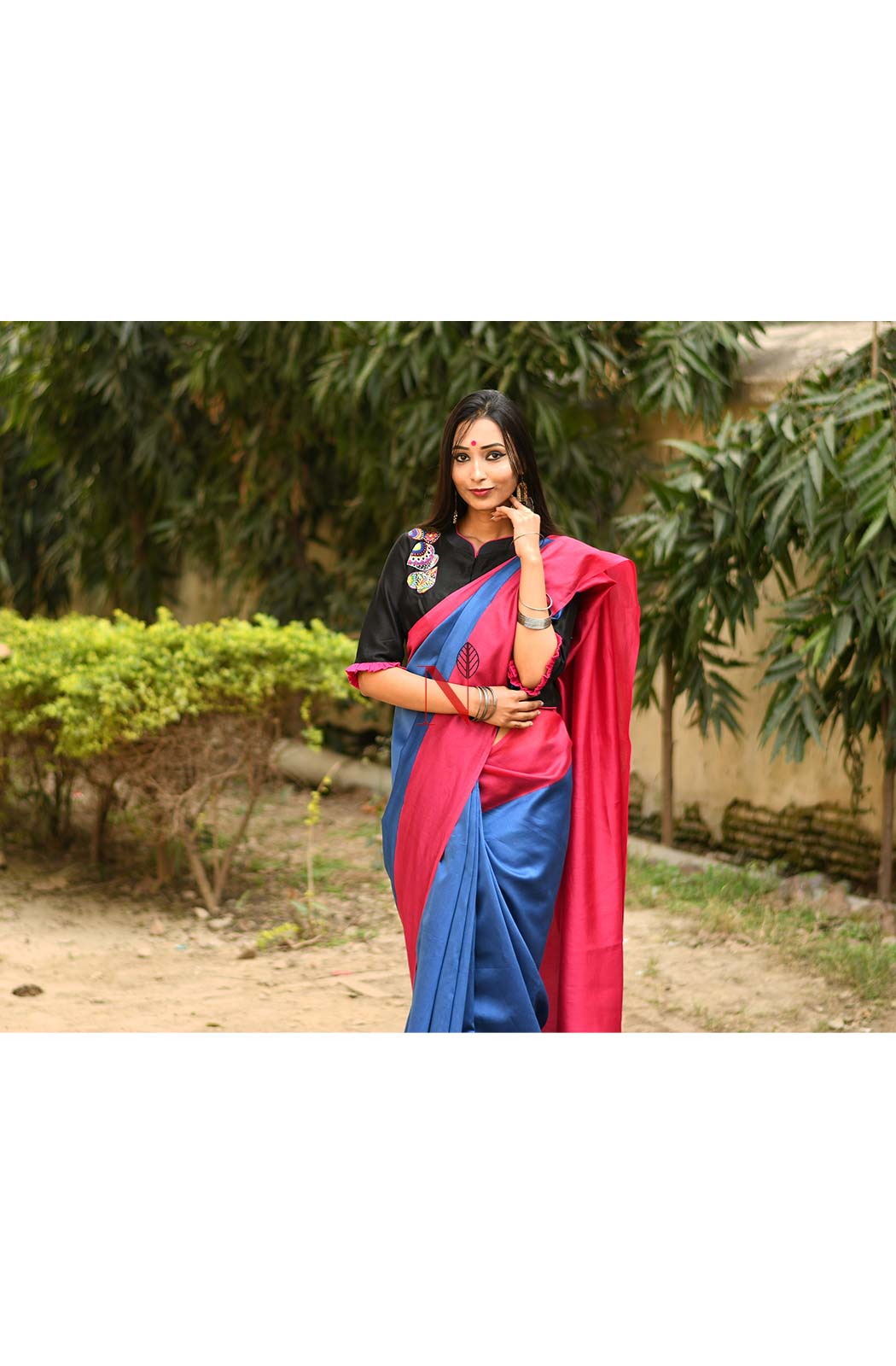 Blue & Rani Pure Silk Chanderi Saree - Naksheband