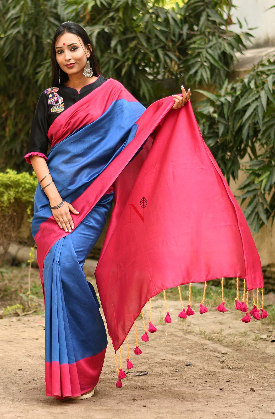 Blue & Rani Pure Silk Chanderi Saree - Naksheband