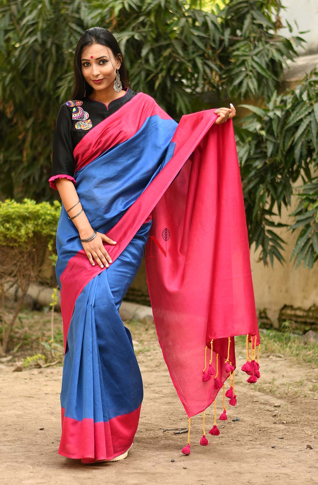 Blue & Rani Pure Silk Chanderi Saree - Naksheband