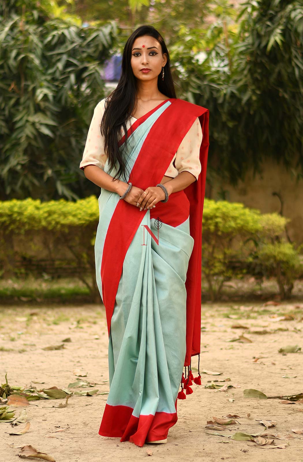 Pastel Green & Red Pure Silk Chanderi Saree - Naksheband