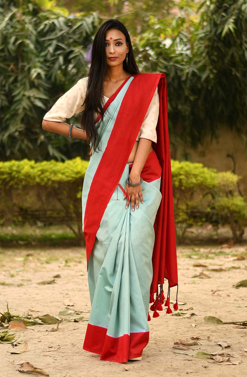 Pastel Green & Red Pure Silk Chanderi Saree - Naksheband
