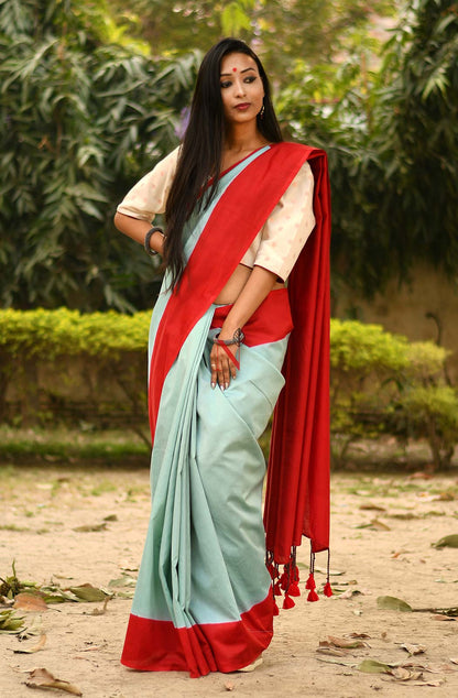 Pastel Green & Red Pure Silk Chanderi Saree - Naksheband