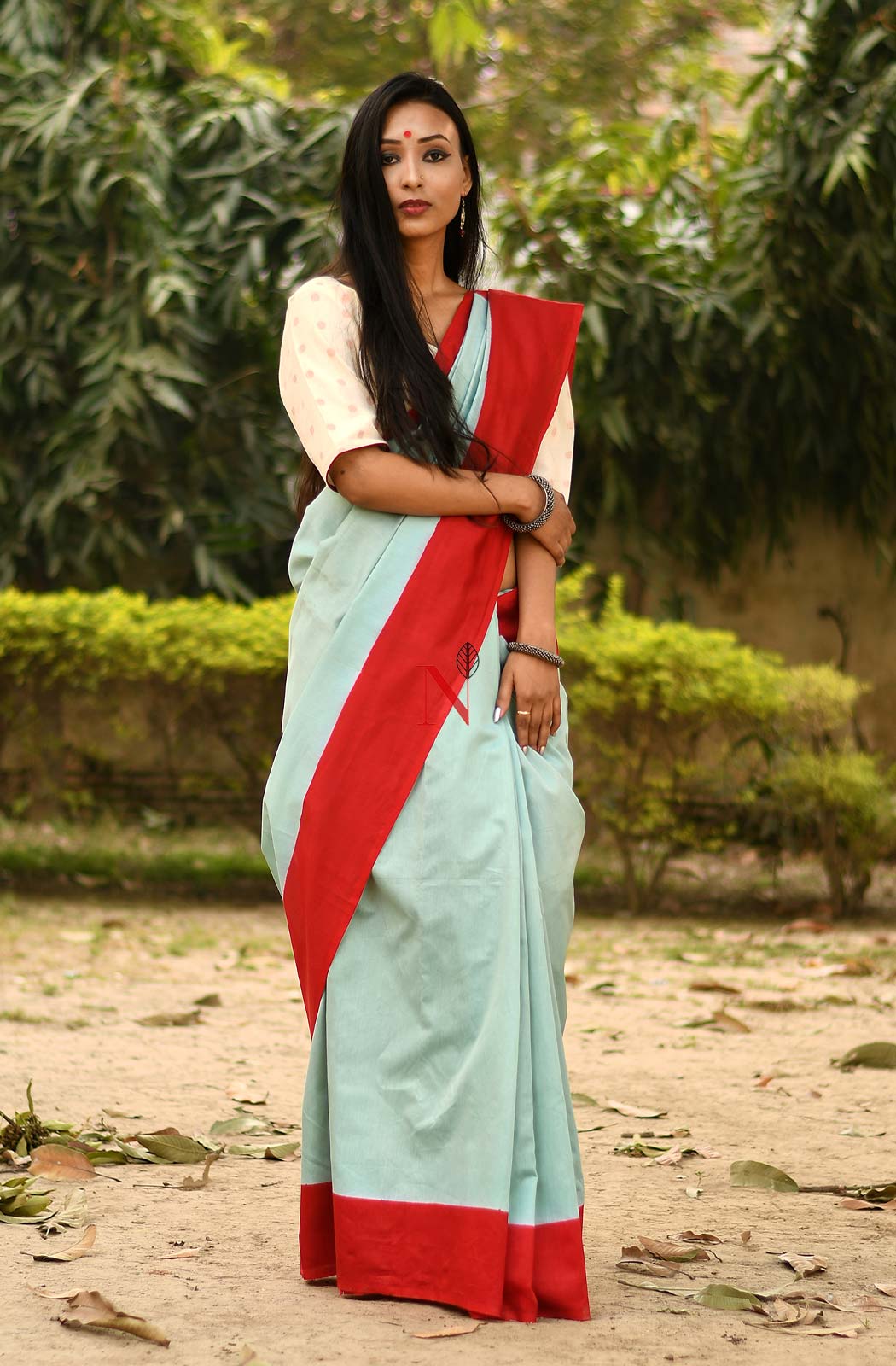 Pastel Green & Red Pure Silk Chanderi Saree - Naksheband