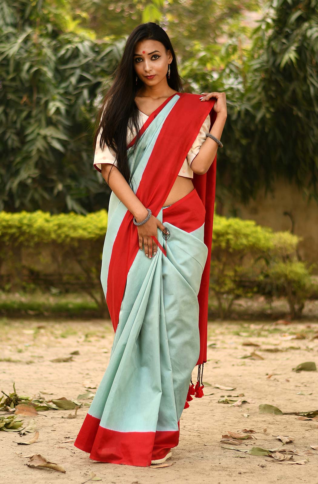 Pastel Green & Red Pure Silk Chanderi Saree - Naksheband