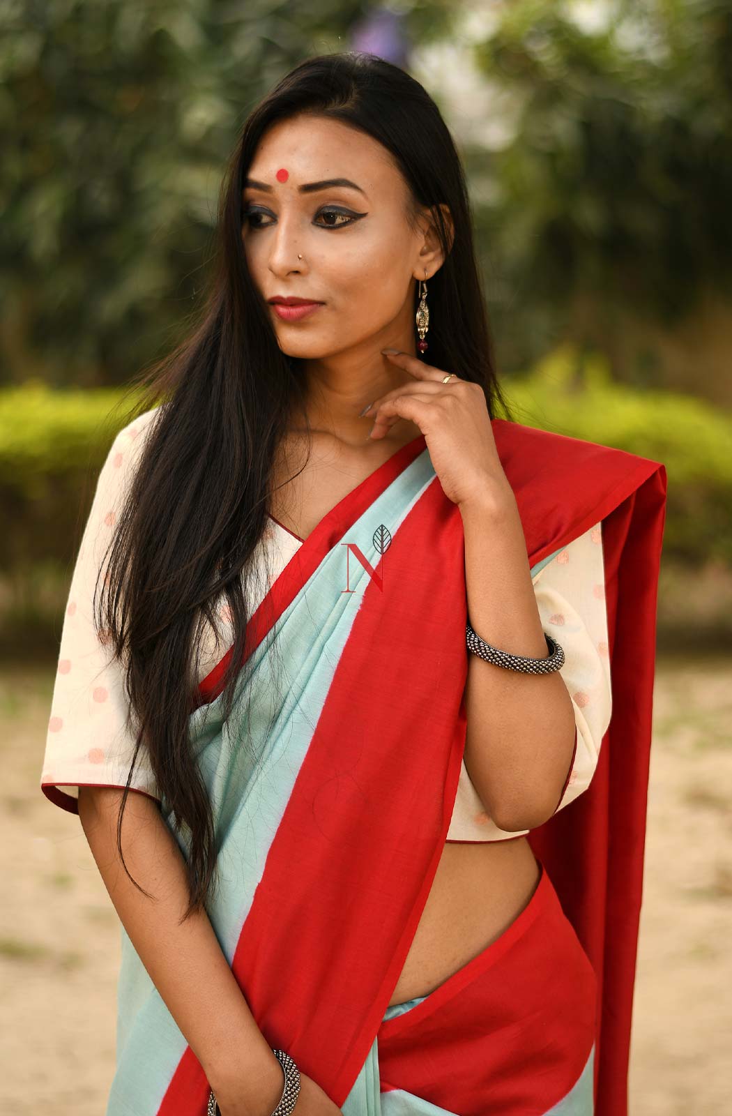 Pastel Green & Red Pure Silk Chanderi Saree - Naksheband