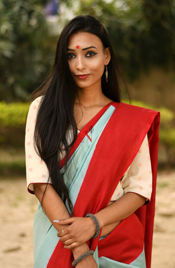 Pastel Green & Red Pure Silk Chanderi Saree