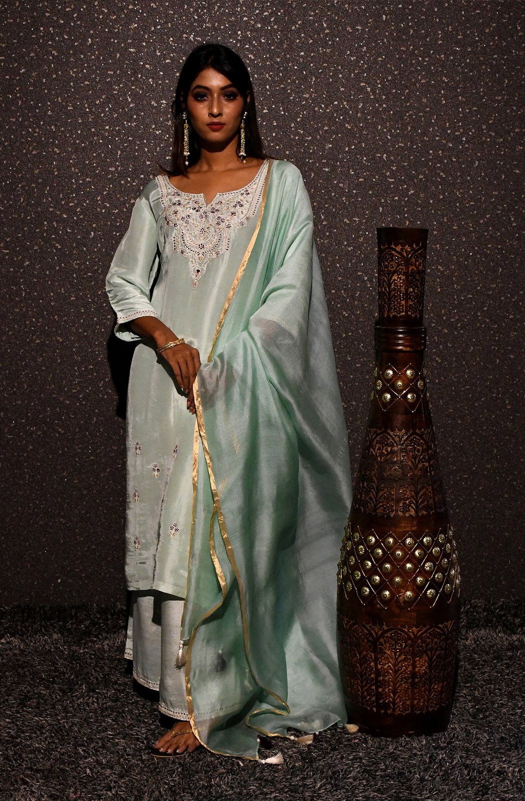 Mint Green Embroidered Designer Plazzo Top Set - Mint Mistery - Naksheband