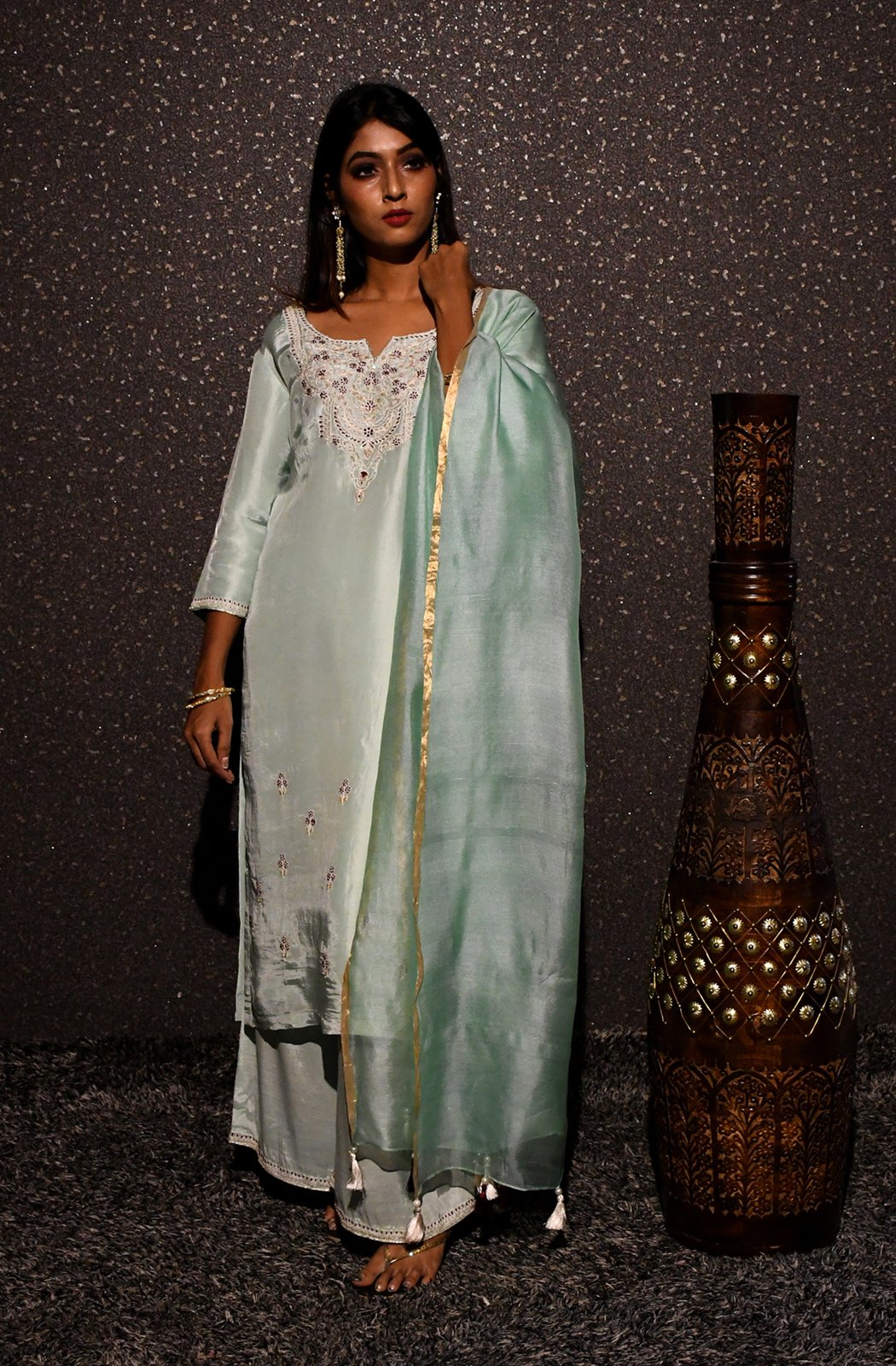 Mint Green Embroidered Designer Plazzo Top Set - Mint Mistery - Naksheband