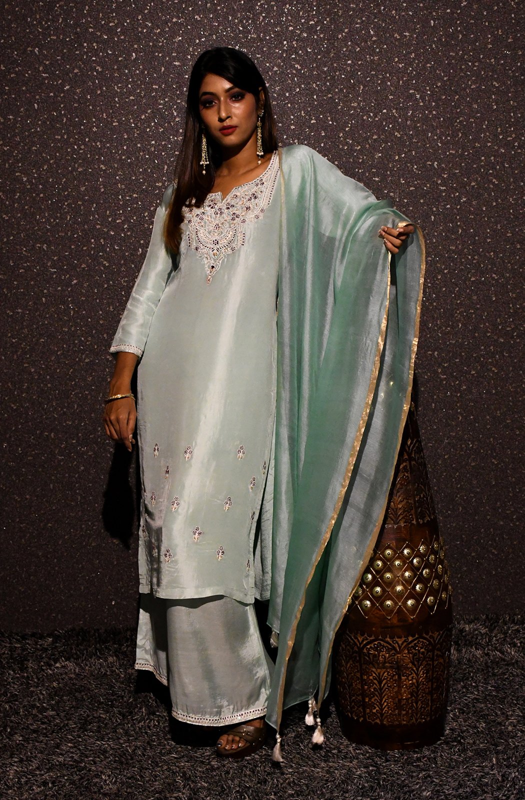 Mint Green Embroidered Designer Plazzo Top Set - Mint Mistery - Naksheband