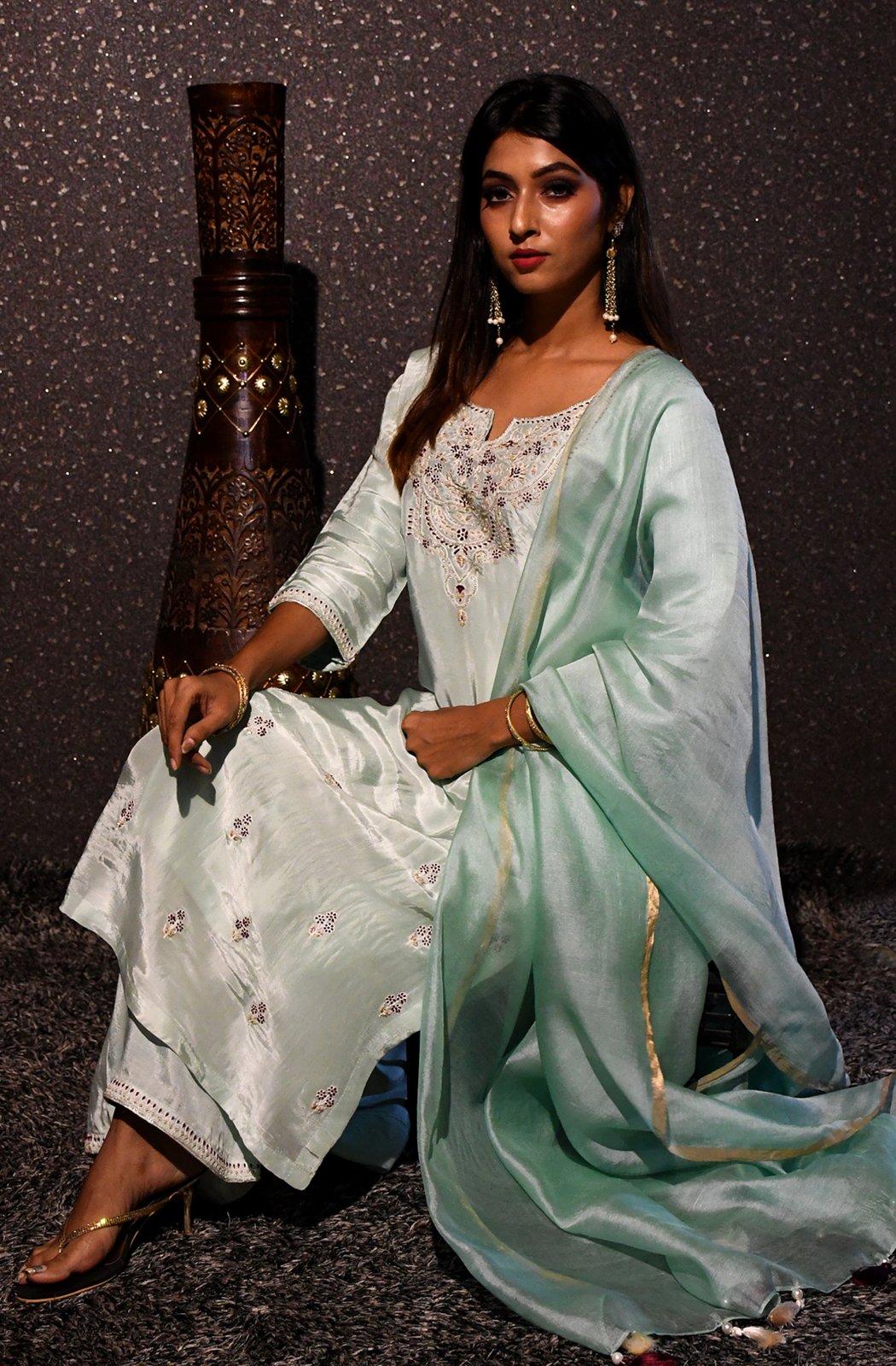 Mint Green Embroidered Designer Plazzo Top Set - Mint Mistery - Naksheband