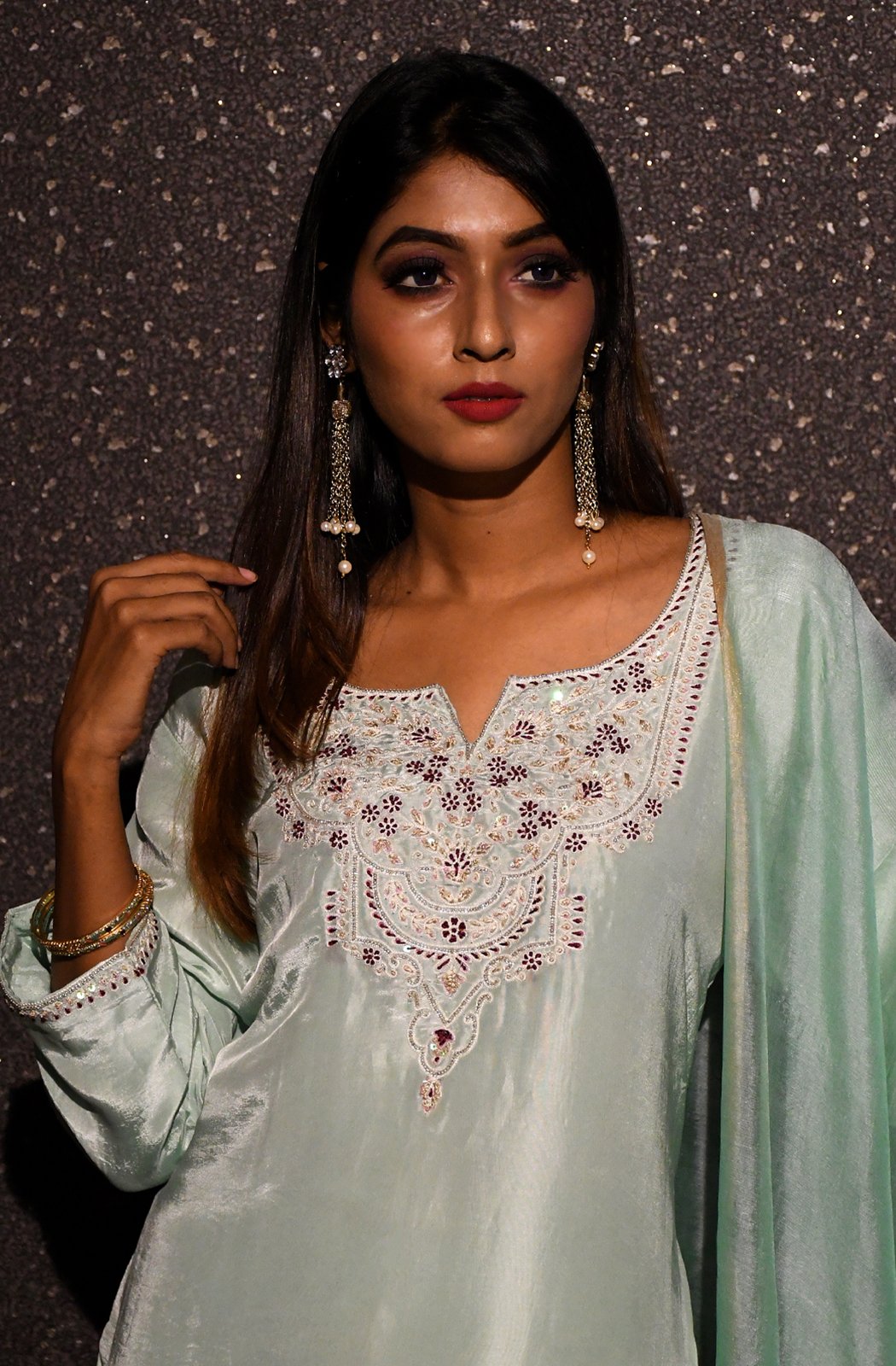 Mint Green Embroidered Designer Plazzo Top Set - Mint Mistery - Naksheband