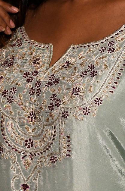 Mint Green Embroidered Designer Plazzo Top Set - Mint Mistery - Naksheband