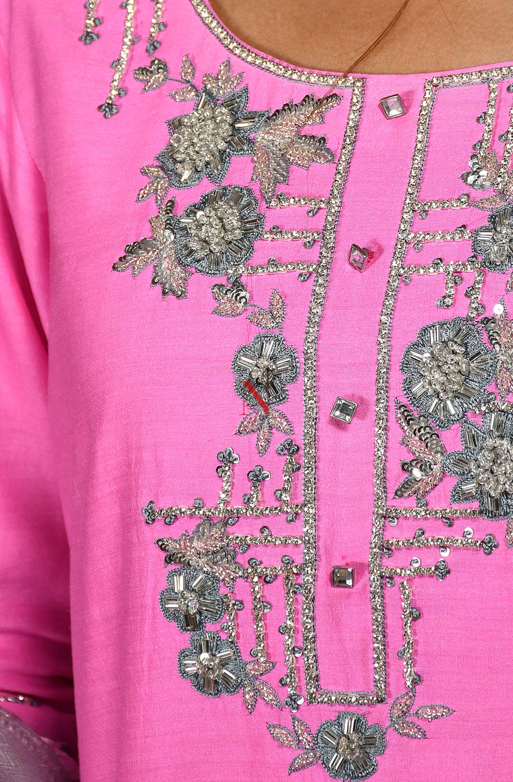 Neon Pink Pure Muga Silk Hand Embroidered Suit Set - Naksheband