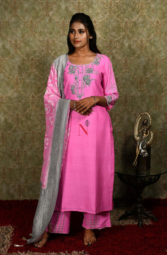 Neon Pink Pure Muga Silk Hand Embroidered Suit Set - Naksheband