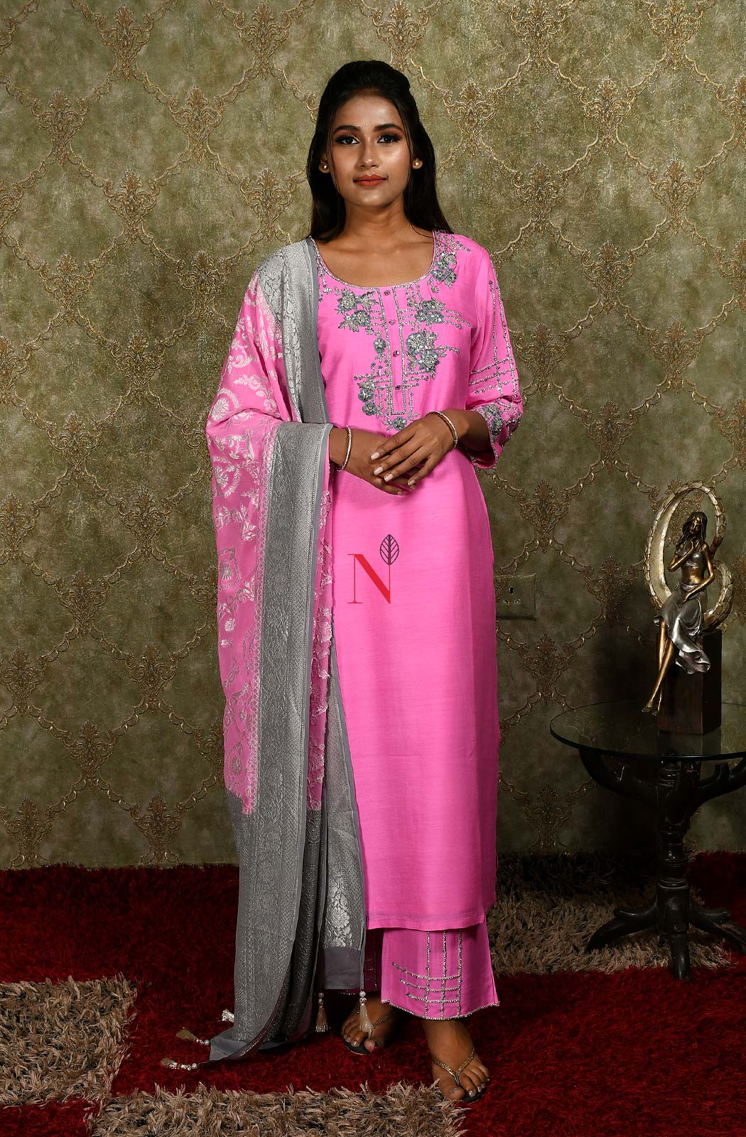 Neon Pink Pure Muga Silk Hand Embroidered Suit Set - Naksheband