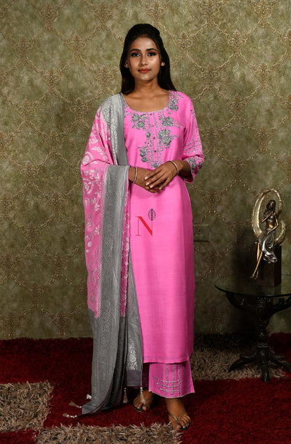 Neon Pink Pure Muga Silk Hand Embroidered Suit Set - Naksheband
