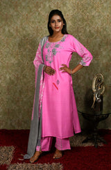Neon Pink Pure Muga Silk Hand Embroidered Suit Set