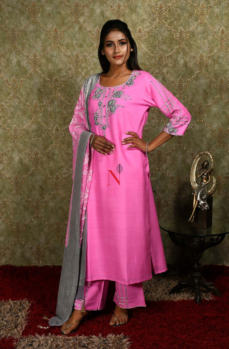 Neon Pink Pure Muga Silk Hand Embroidered Suit Set