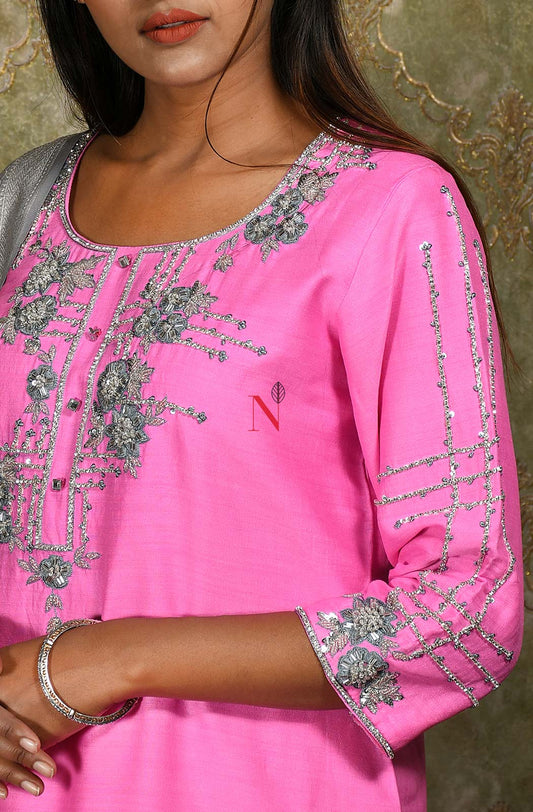 Neon Pink Pure Muga Silk Hand Embroidered Suit Set - Naksheband