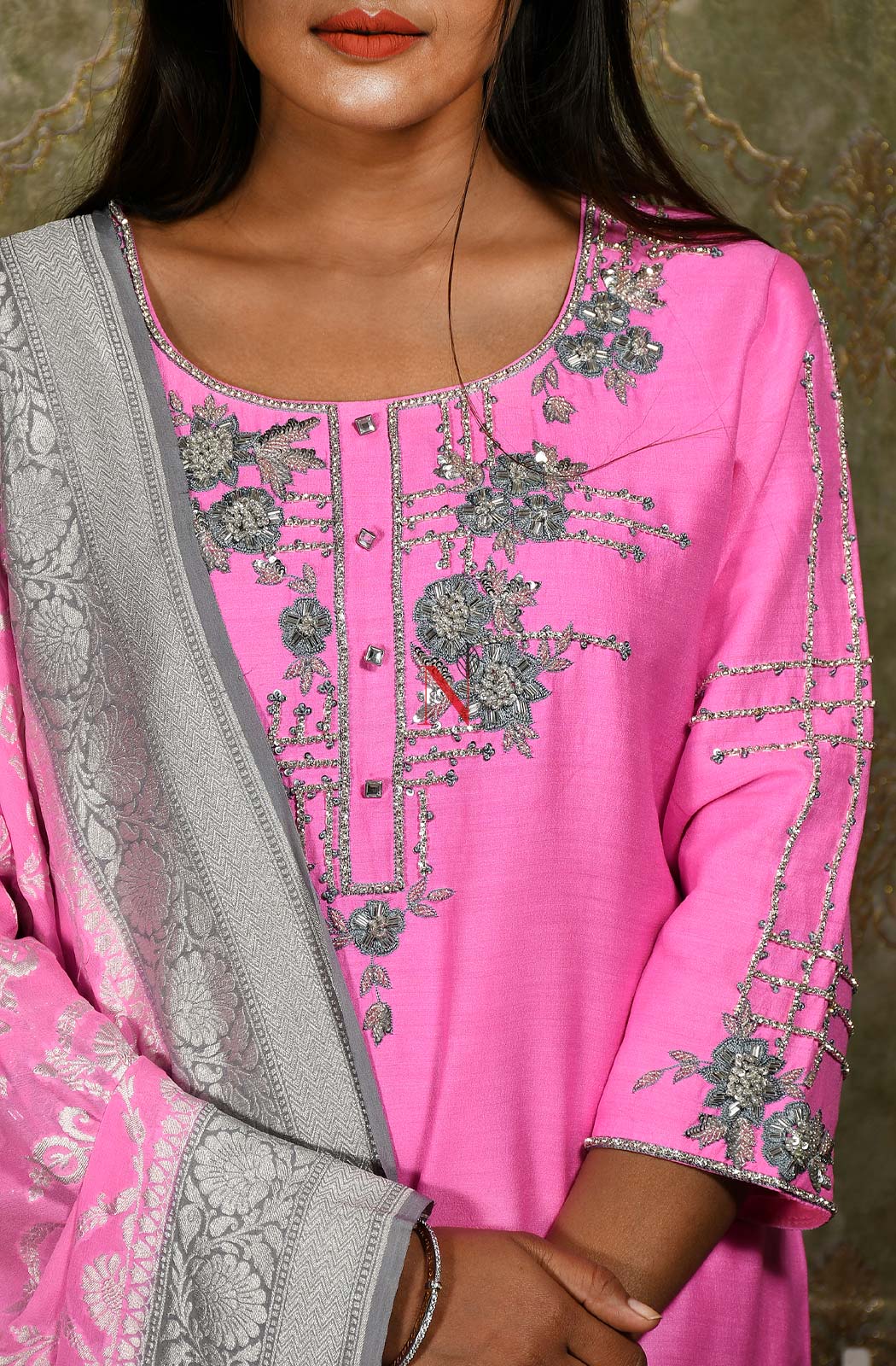Neon Pink Pure Muga Silk Hand Embroidered Suit Set - Naksheband