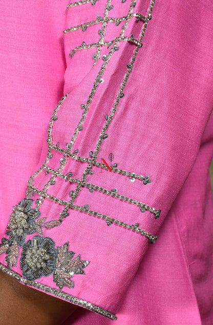 Neon Pink Pure Muga Silk Hand Embroidered Suit Set - Naksheband