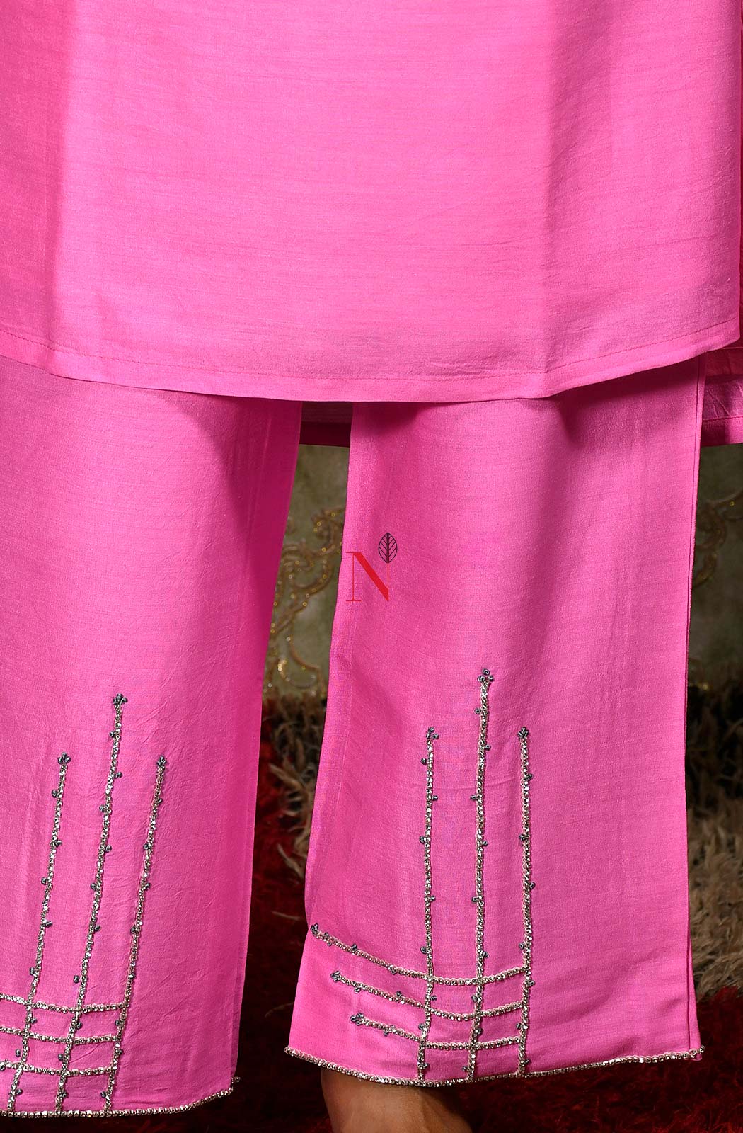 Neon Pink Pure Muga Silk Hand Embroidered Suit Set - Naksheband