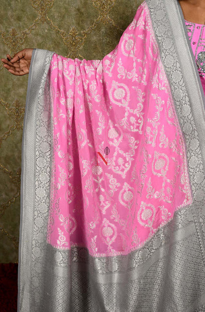 Neon Pink Pure Muga Silk Hand Embroidered Suit Set - Naksheband