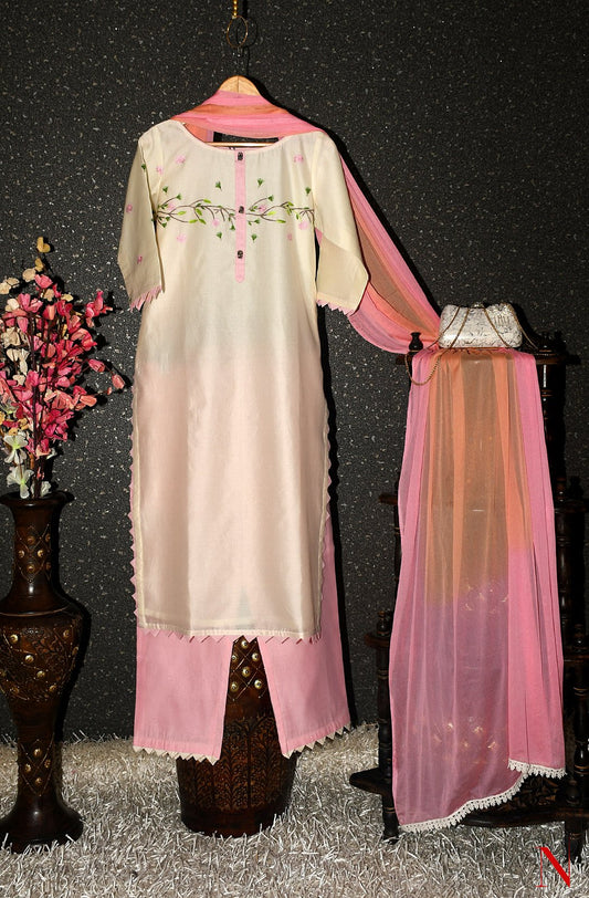 Cream Pure Silk Chanderi Hand Embroidered Suit Set - Naksheband
