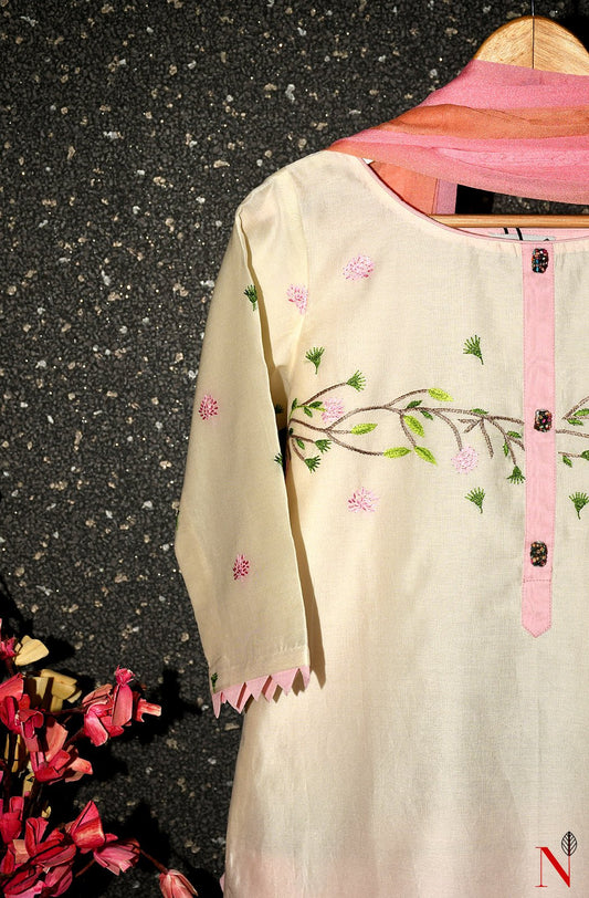 Cream Pure Silk Chanderi Hand Embroidered Suit Set - Naksheband