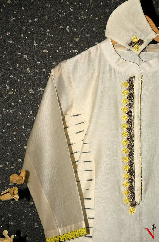 Cream Pure Silk Chanderi Hand Embroidered Suit Set - Naksheband