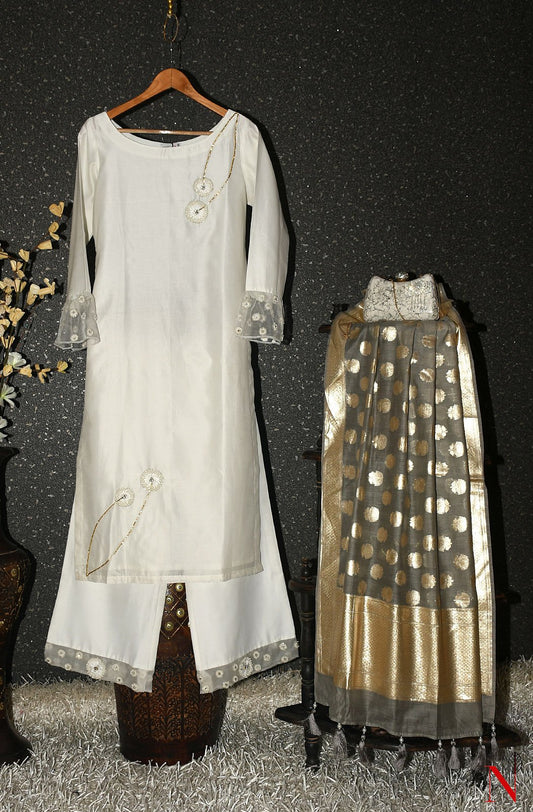 Off White Pure Silk Chanderi Hand Embroidered Suit Set - Naksheband
